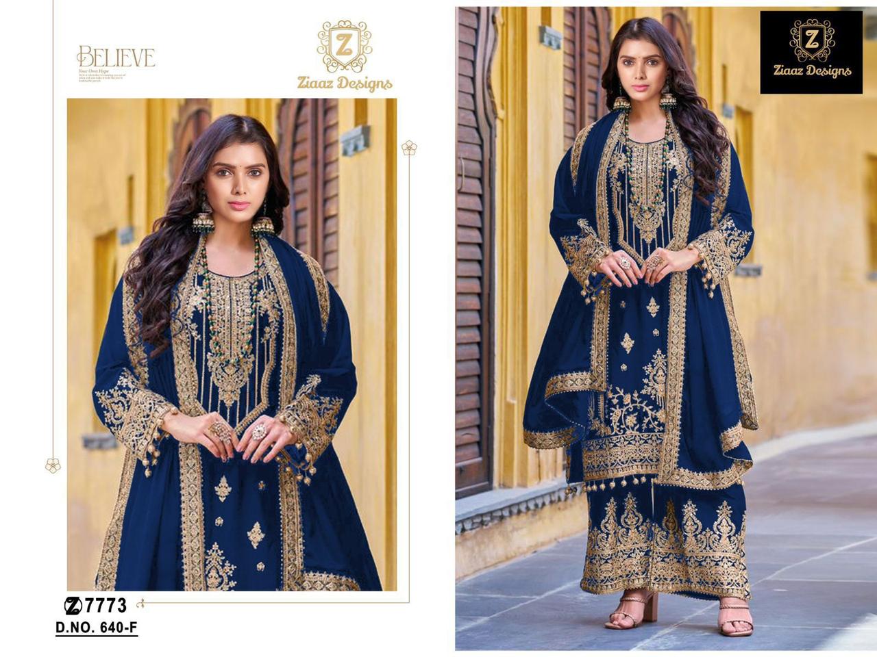 Ziaaz Designs 640 Colour Velvet Embroidery Pakistani Suits Exporters In India